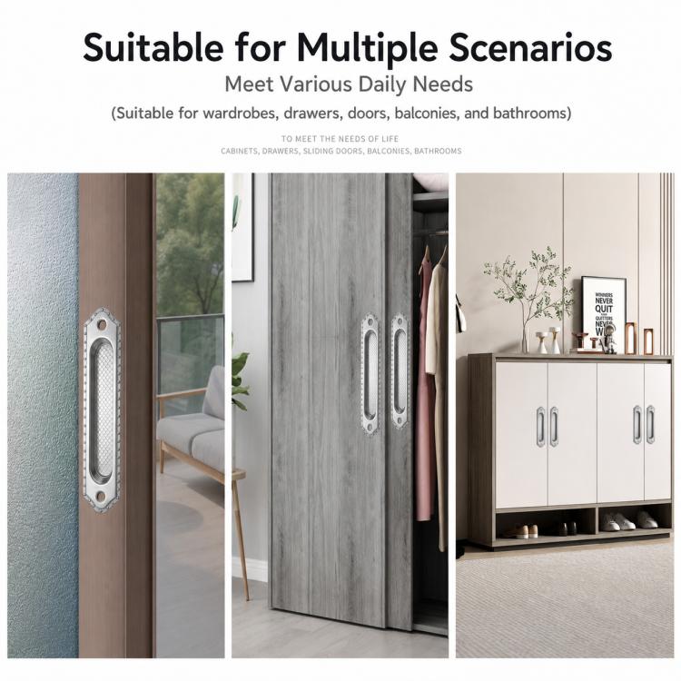 Stainless steel recessed flush pull handles mounted on doors and cabinets