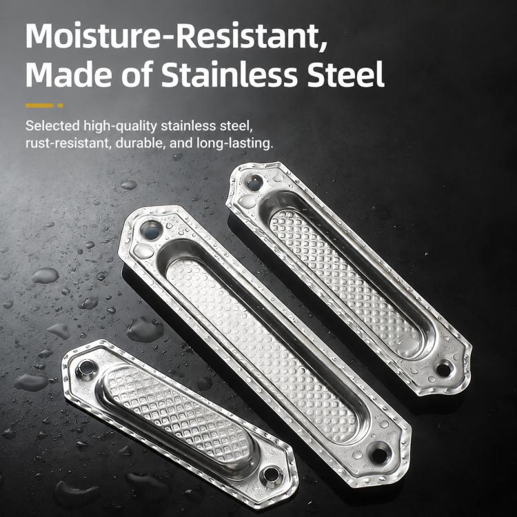 Stainless steel recessed flush pull handle, oval textured grip, two mounting holes