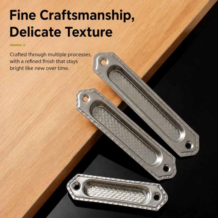 Recessed stainless steel flush pull handle with textured oval grip and two screw holes
