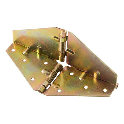 Butterfly-shaped folding metal hinge with two spring supports and mounting holes, gold tone.