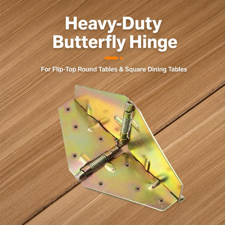 Butterfly-shaped folding metal hinge with central spring and mounting holes on metal plate, gold tone.