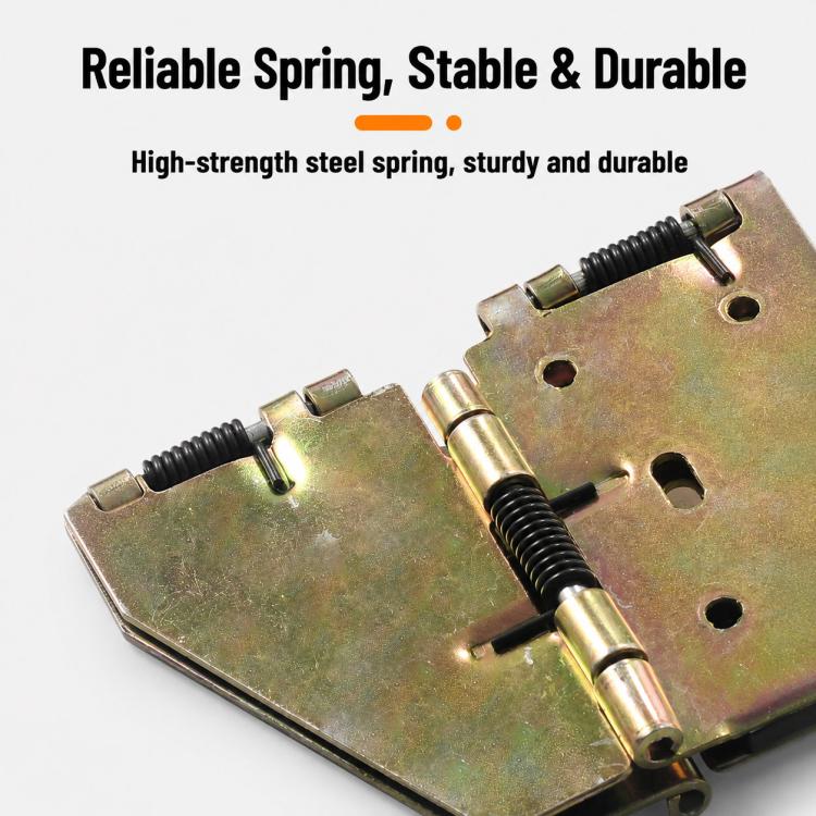 Butterfly-shaped folding metal hinge with two springs, hinge leaves, and mounting holes, gold tone.