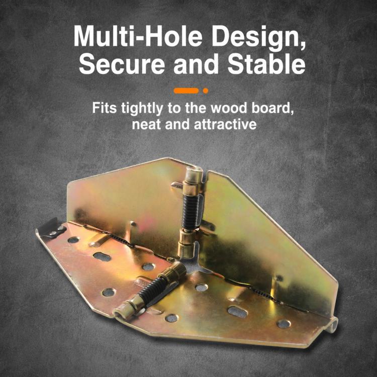 Butterfly-shaped folding metal hinge with central spring, multi-hole base plates, gold tone.