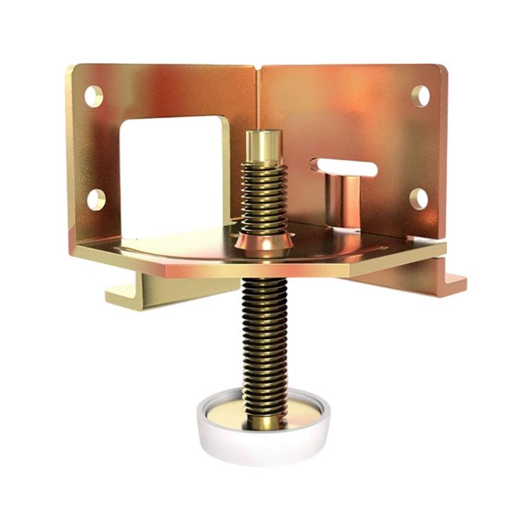 Adjustable cabinet leveling foot with threaded rod and copper-toned mounting bracket