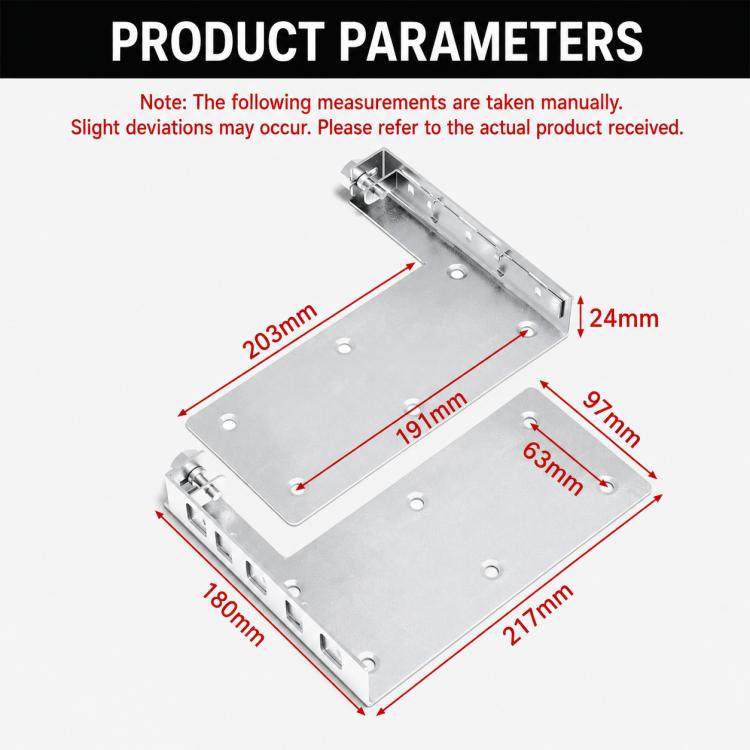 Steel cabinet hanger bracket size diagram, perforated mounting plates and support arm
