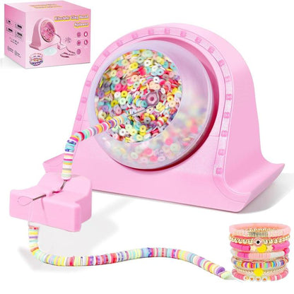 Pink electric clay bead spinner with clear bowl, beading needle holder, and rainbow bead strands