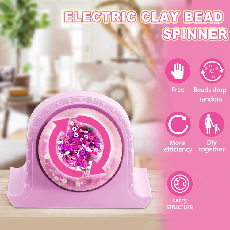Pink electric clay bead spinner with clear bowl filled with purple, pink, and multicolor beads
