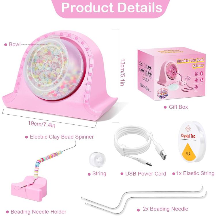 Pink electric clay bead spinner product details with bowl, needle holder, and included accessories