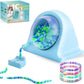 Blue electric clay bead spinner with clear bowl, beading needle holder, and multicolor bead stack