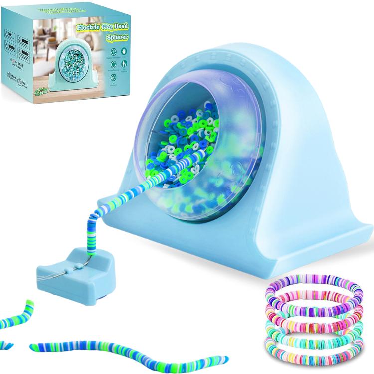 Blue electric clay bead spinner with clear bowl, beading needle holder, and multicolor bead stack