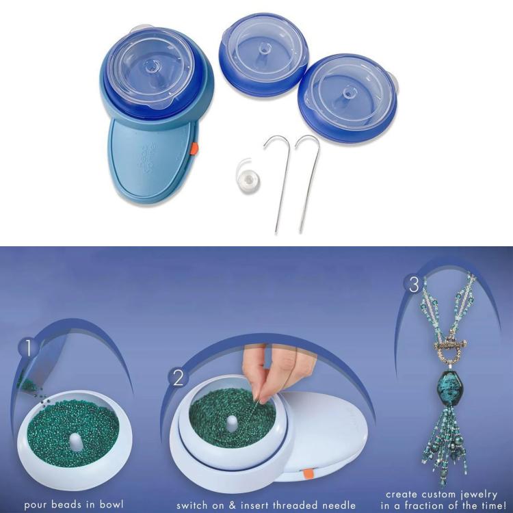 Blue electric bead spinner kit with three clear lids and threading needles