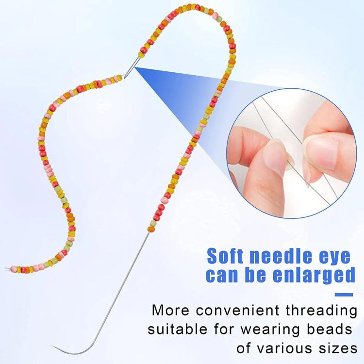 Bead string threader needle with bead strand and close-up of enlarged needle eye