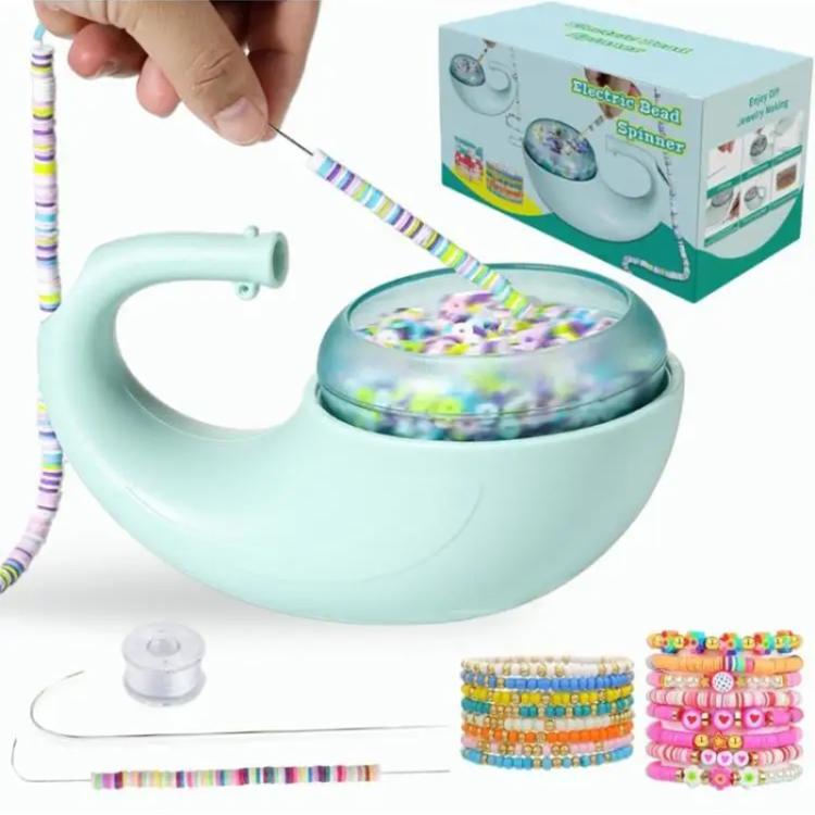 Mint-green handheld electric bead spinner machine with round bead bowl and stringing tray
