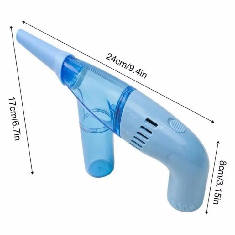 Handheld blue dust suction cleaner with transparent nozzle and suction chamber, 24cm length