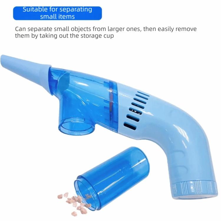 Handheld blue dust suction cleaner with transparent cup and small-item debris separation