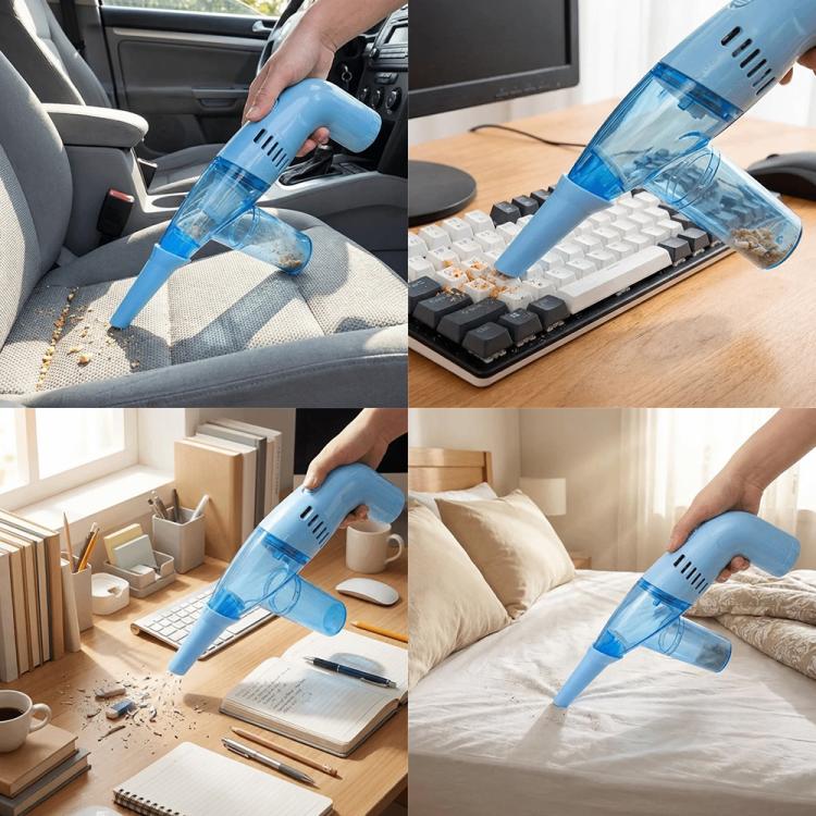 Handheld blue dust cleaner in use on a keyboard and desk clutter