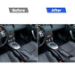 Split view: central console trim sticker installed vs removed, carbon fiber finish