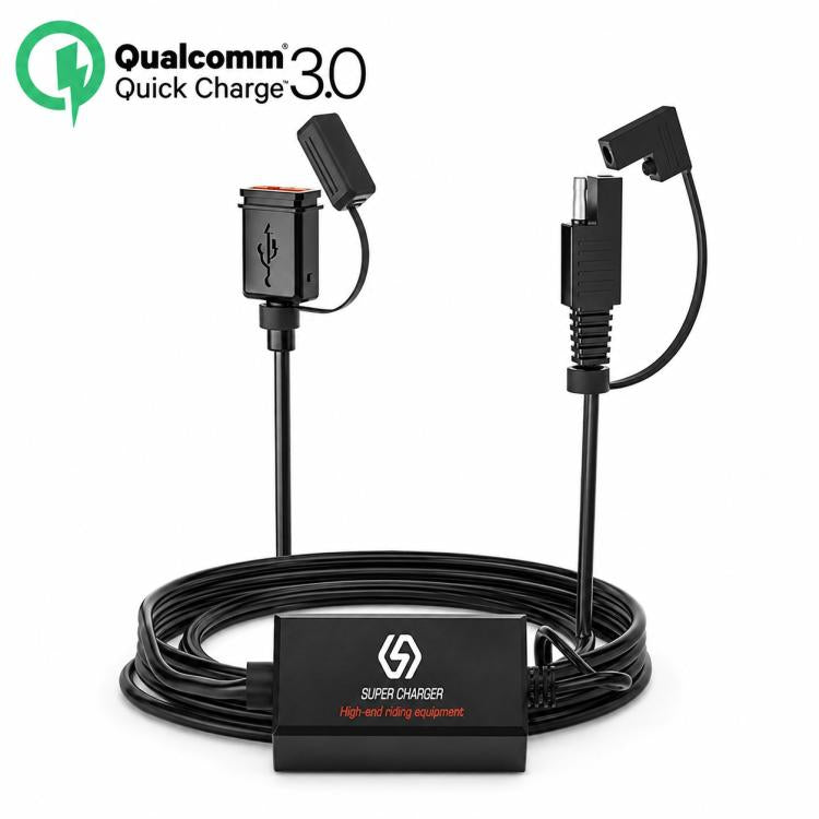 Motorcycle SAE single USB fast charger with two cable leads and coiled wiring