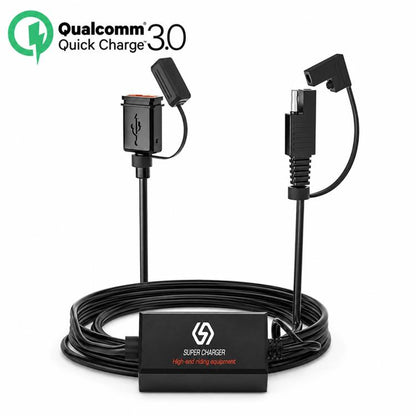 Motorcycle SAE single USB fast charger with two cable leads and coiled wiring