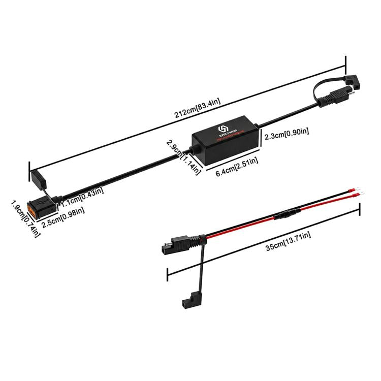 Motorcycle SAE USB fast charger cable with inline connector and red wire stripe