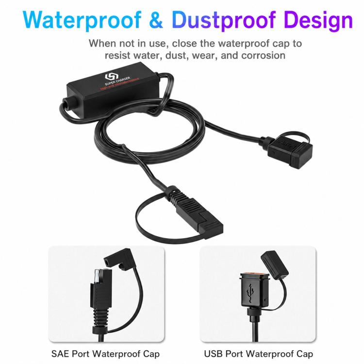 Motorcycle USB fast charger with SAE and USB waterproof caps and charging cable