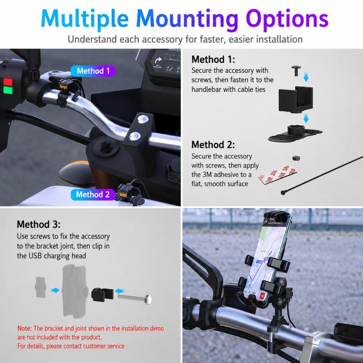 Motorcycle USB charger mount with screw, 3M adhesive, and bracket mounting options