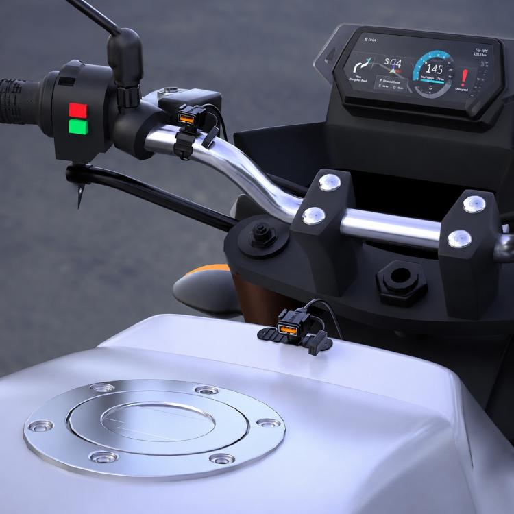 Motorcycle handlebar USB fast charger module with SAE plug and cable connection