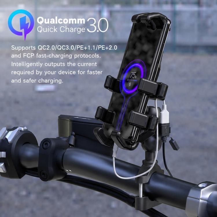 Motorcycle USB charger installed on handlebar with module and charging lead