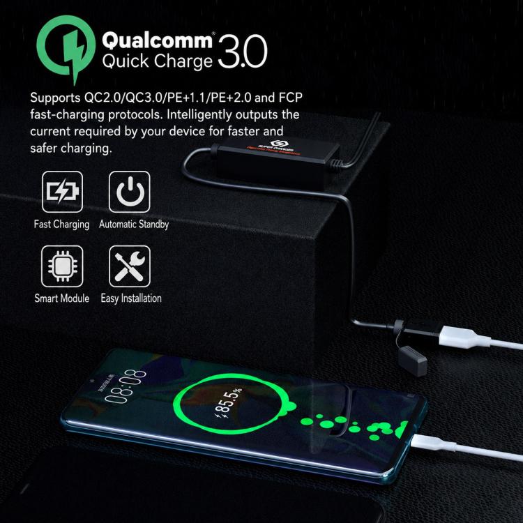 Black USB charger module with Qualcomm Quick Charge branding and phone connection