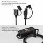 Motorcycle SAE USB charger with two connectors and coiled wiring on tabletop