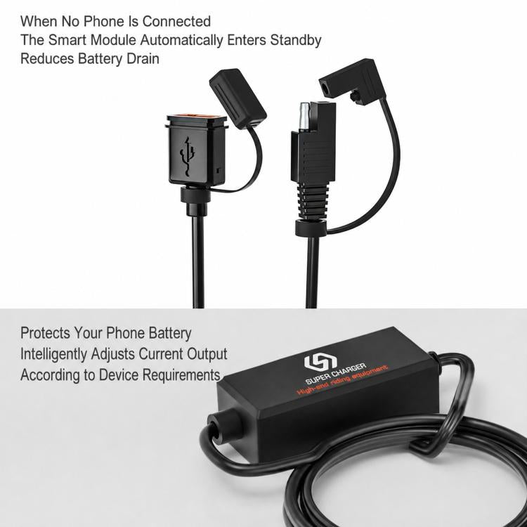 Motorcycle SAE USB charger with two connectors and coiled wiring on tabletop