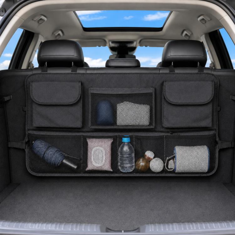 Black car trunk organizer with mesh center and multiple slip pockets and zipper storage