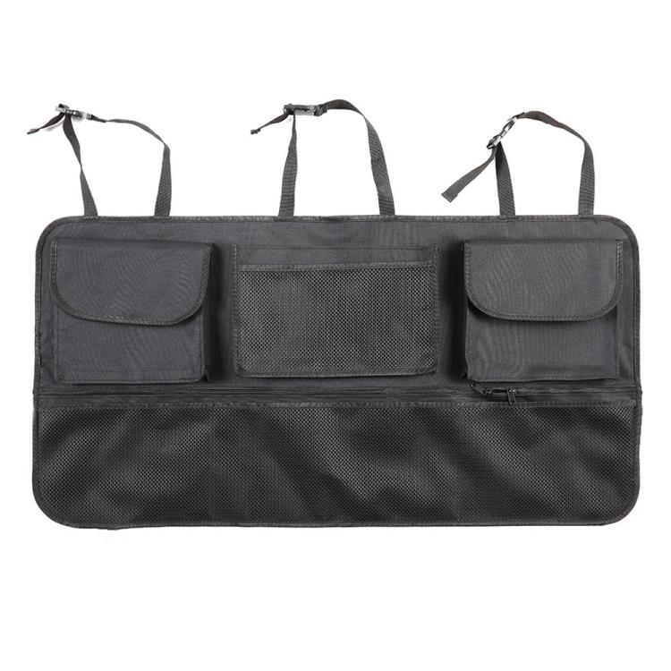 Black car trunk organizer bag with three front flap pockets and mesh panel, carry straps