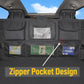 Black car trunk organizer with central mesh pocket and side flaps, zipper pocket detail