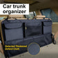 Dark gray car trunk organizer bag with padded front pockets and mesh insert