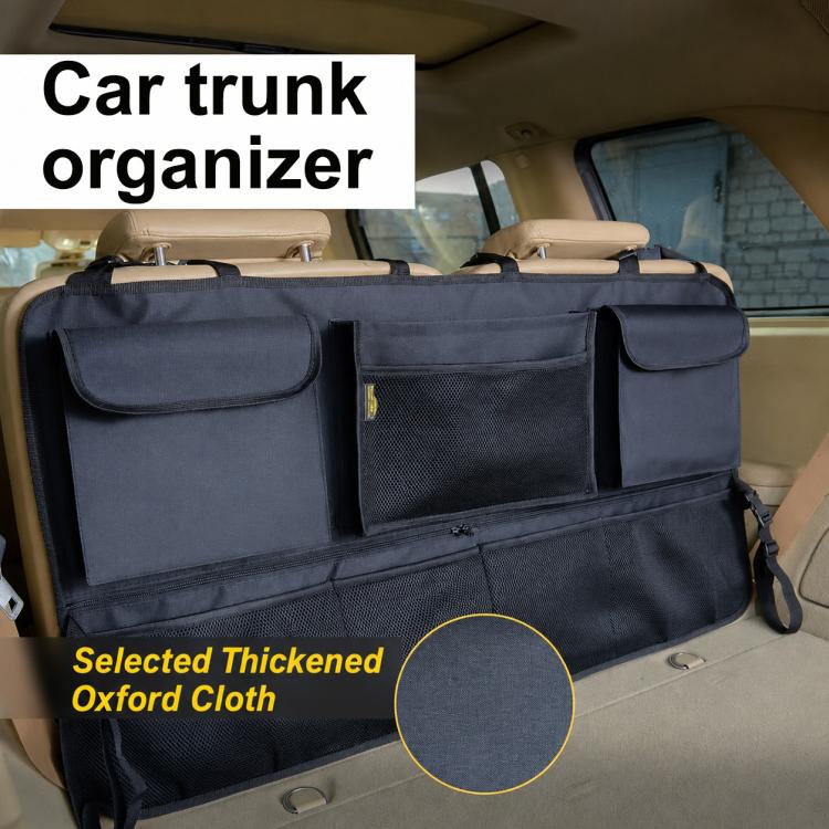 Dark gray car trunk organizer bag with padded front pockets and mesh insert