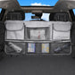 Gray car trunk organizer with mesh center panel and two side flap pockets