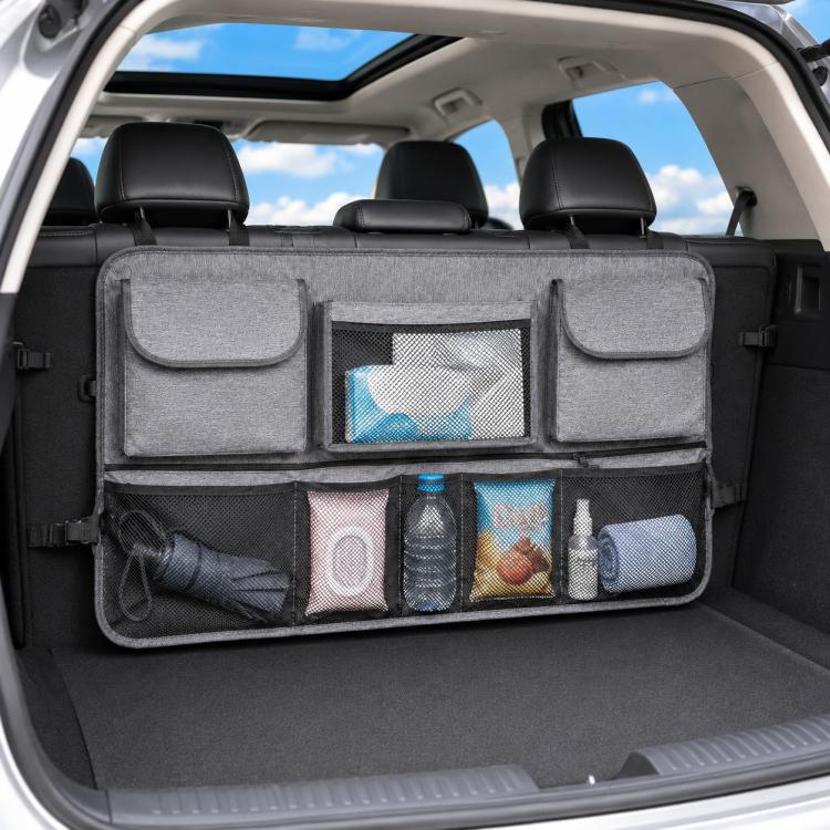 Gray car trunk storage organizer with mesh pockets and side compartments for small items