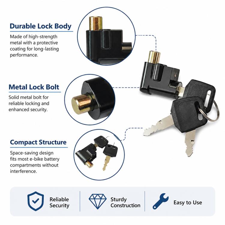 Black lock with gold metal bolt, key ring, and two cut keys