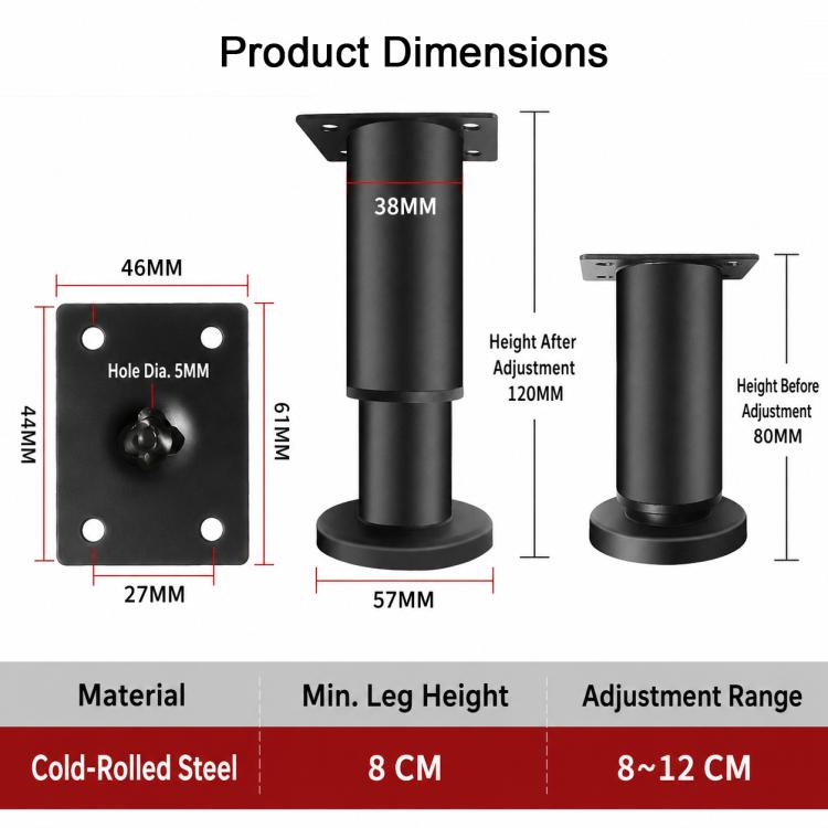 Black height-adjustable furniture support leg with round base, mounting plate, height range