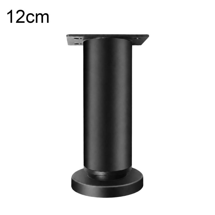 Black height-adjustable furniture support leg, 12cm, with round base and mounting plate
