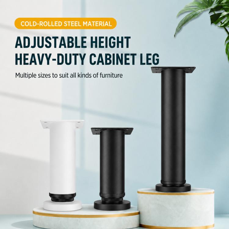 Height-adjustable furniture support legs set in black and white with round bases and plates