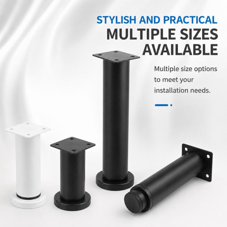 Set of height-adjustable furniture support legs in black and white with square mounting tops