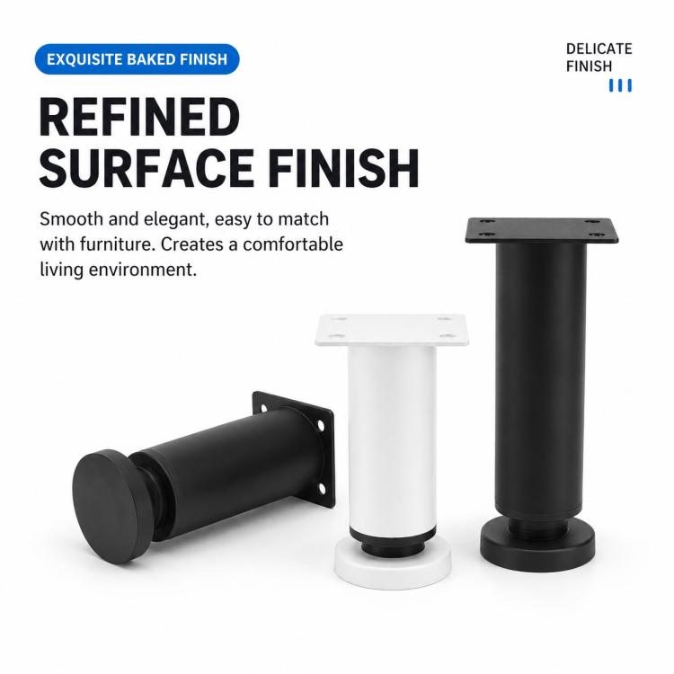 Black and white furniture support legs with refined smooth finish and round bases