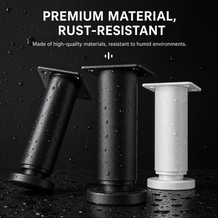 Rust-resistant black and white support legs with mounting plates and round bases