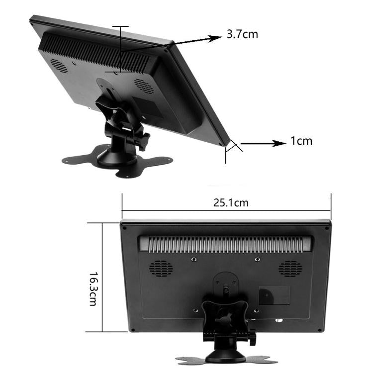 Reversing camera display monitor with rear dimensions and black housing, 25.1 cm width