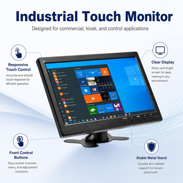 10.1-inch industrial touchscreen monitor with black bezel and pedestal stand