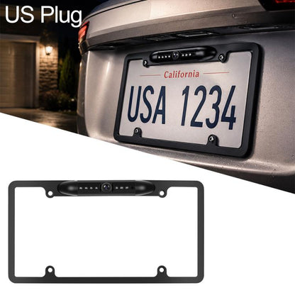 License plate camera frame with US plate area and centered camera strip, black housing
