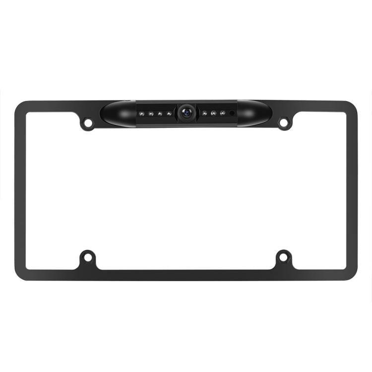 Black license plate camera frame with centered lens module and four mounting holes