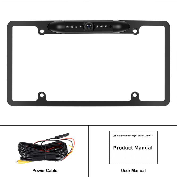 Car backup camera license plate frame with IR module, power cable and user manual